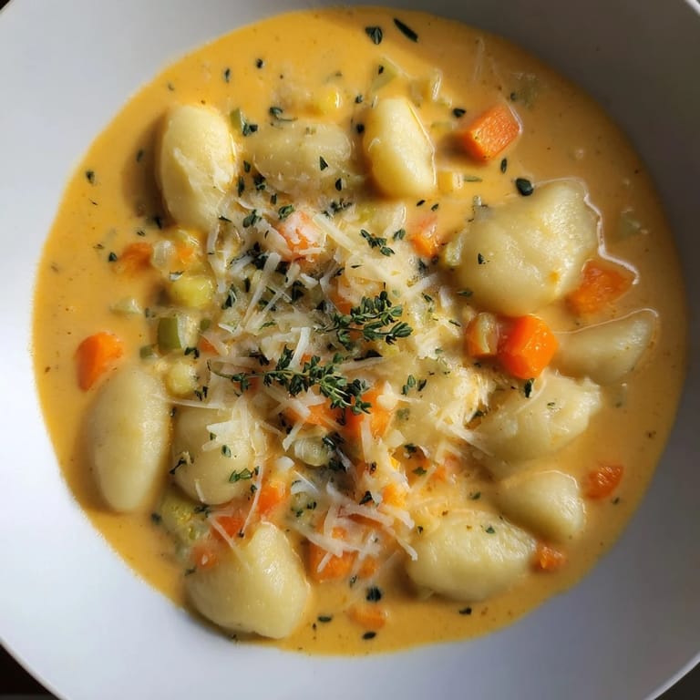 A warm bowl of Savory Butternut Squash Gnocchi Soup, with visible tender squash and fluffy gnocchi.