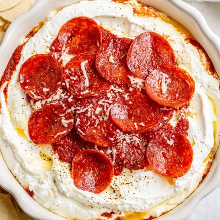Warm, cheesy Pizza Dip topped with browned pepperoni, offering a delightful appetizer for parties.