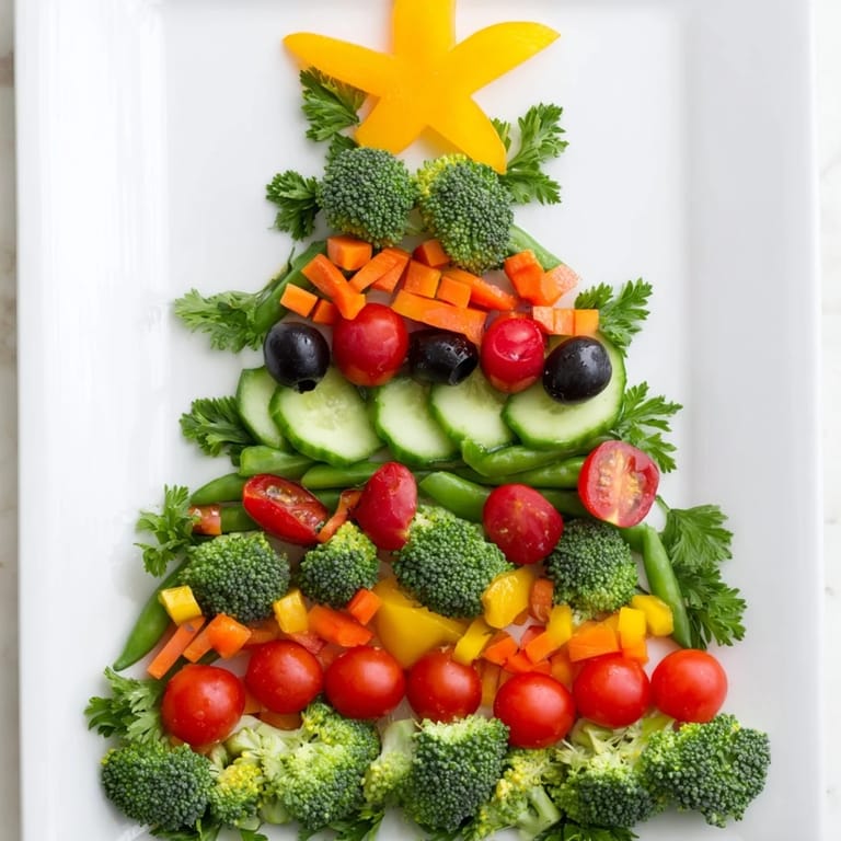 A stunning photo of a Healthy Christmas Veggie Platter Tree, overflowing with fresh, inviting ingredients for your holiday table.