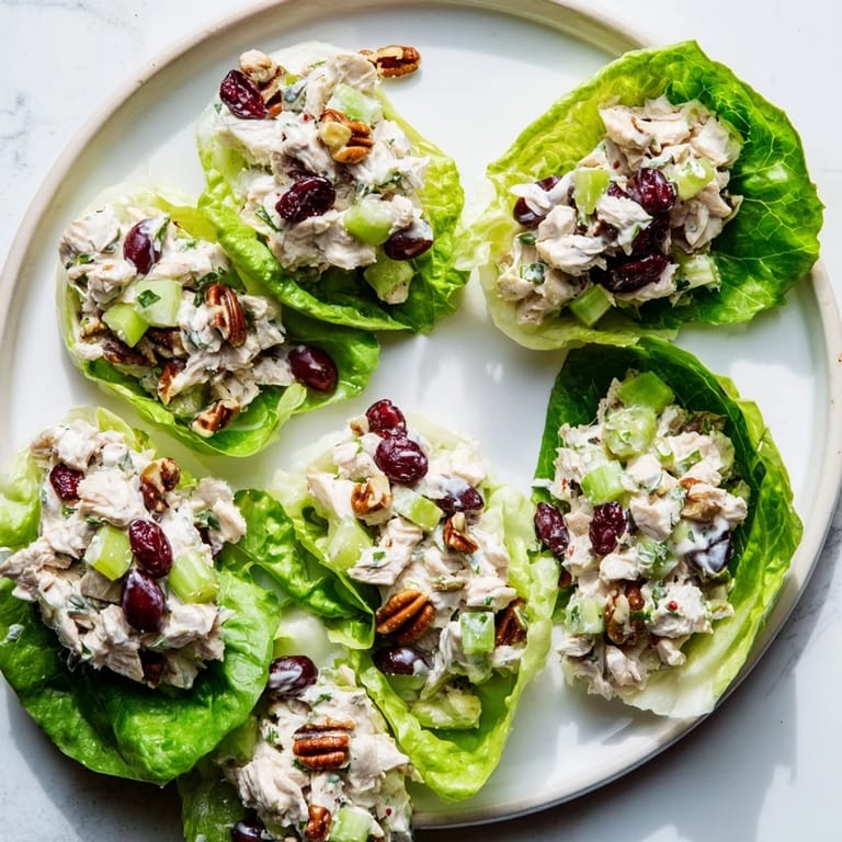 Close-up of creamy Simplified Festive Chicken Salad Cups, vibrant with grapes and pecans in lettuce cups.