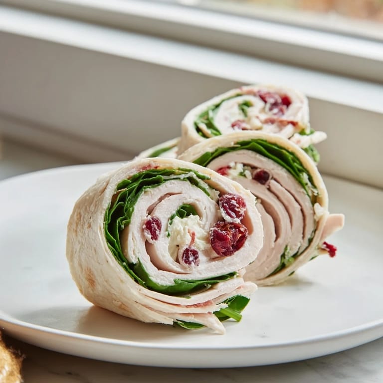 Close-up of freshly sliced Turkey Cranberry Pinwheels, showcasing turkey, cranberry, and creamy filling.