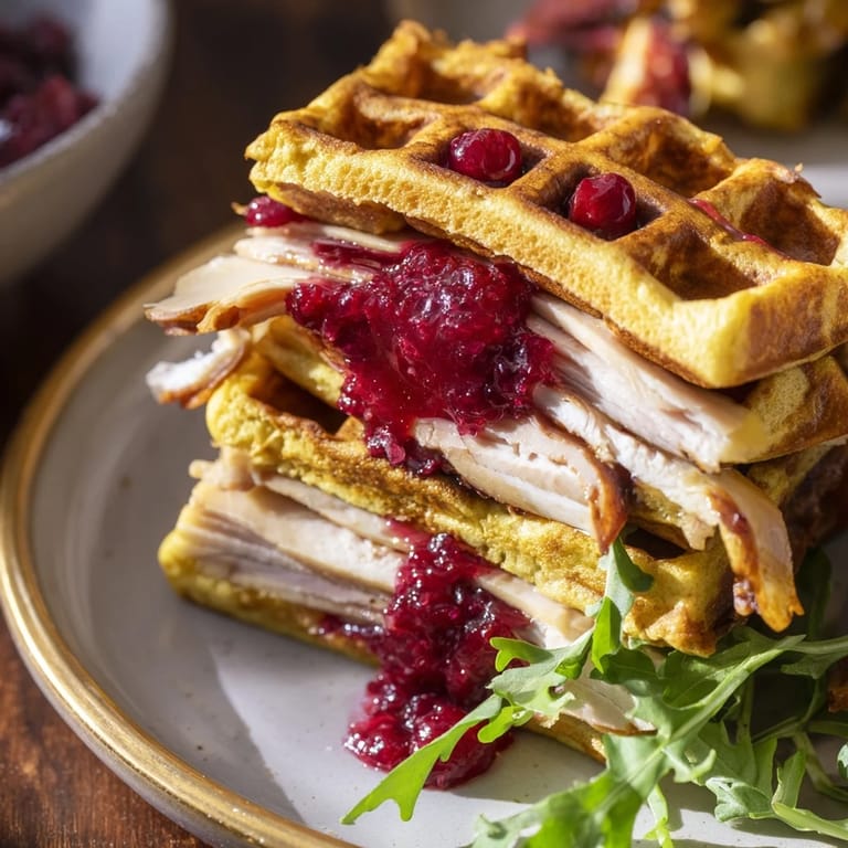 Freshly made Easy Holiday Waffle Sandwich sliced to reveal layers of turkey, cheese, and holiday cranberry sauce.