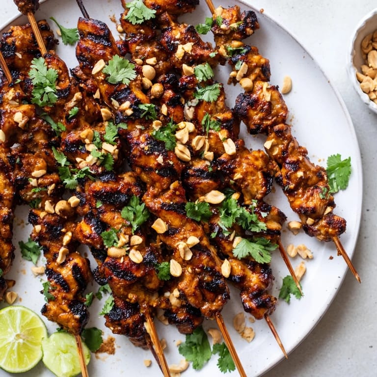 A close-up of beautifully grilled Spicy Peanut Satay Chicken Skewers garnished with fresh cilantro.