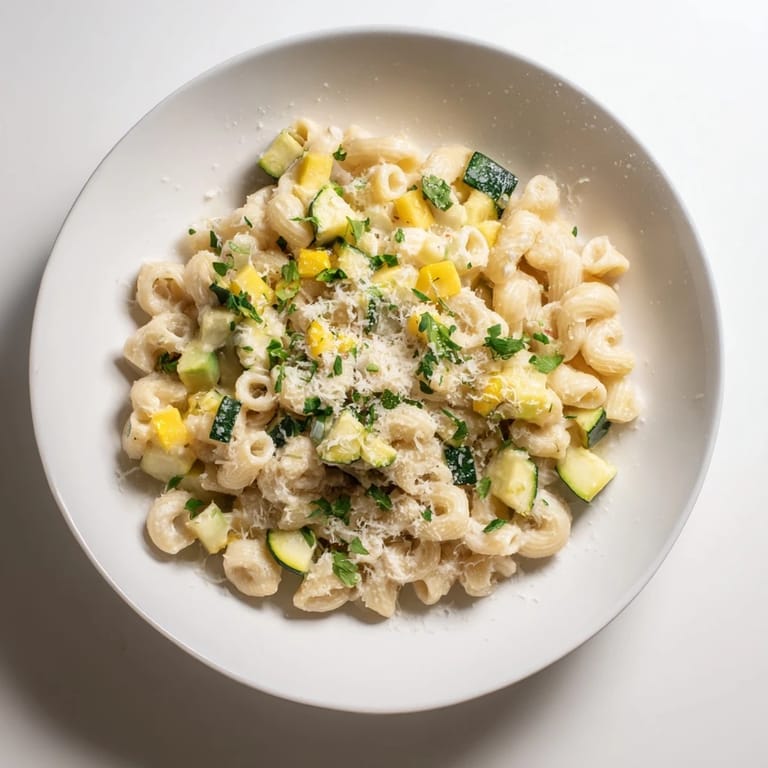 A single-pot of One-Pot Creamy Zucchini Ditalini, with tender zucchini and simmering, savory broth.
