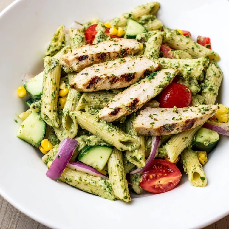 Enjoy a bowl of the flavorful Peruvian Aji Verde Chicken Pasta Salad, perfect for a satisfying meal.