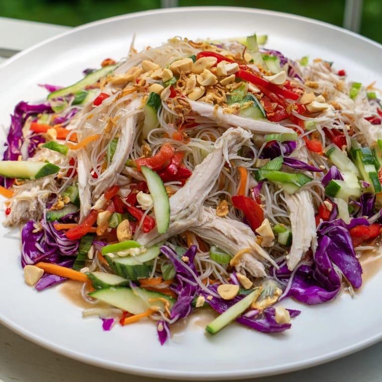 A close-up of a colorful Vietnamese Crunch Noodle Salad with peanuts and fresh herbs.
