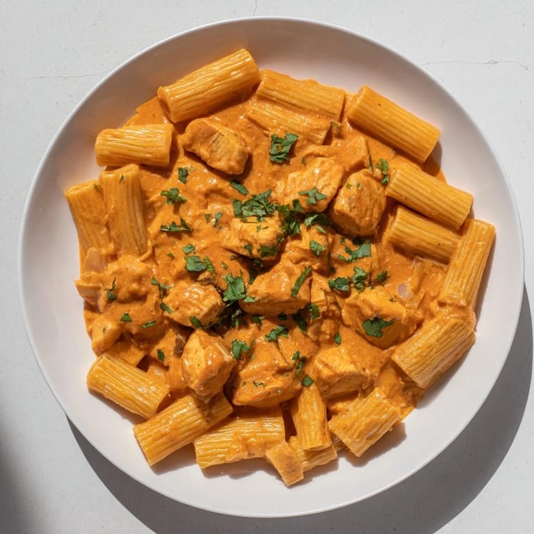Tender penne pasta coated in the luscious, creamy sauce of Creamy Chicken Tikka Masala, a delightful main course.