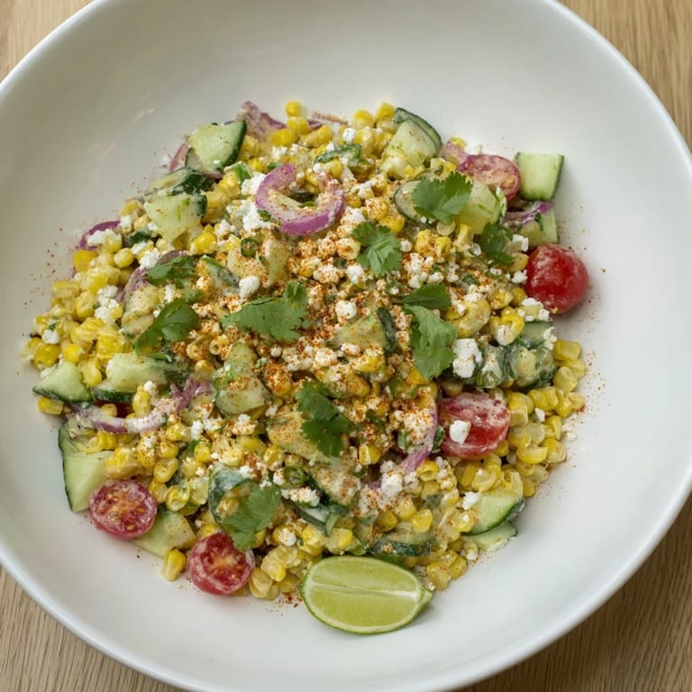 Freshly made Mexican Street Corn Chopped Salad: crunchy vegetables with creamy, spiced dressing and Cotija cheese.
