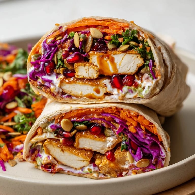 This delicious sweet chili tofu crunch wrap is served, showing layers of tofu and colorful slaw.