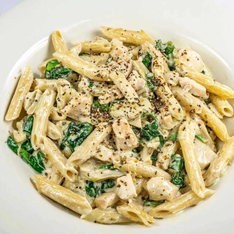 Savory Creamy Spinach Artichoke Protein Pasta Skillet featuring tender spinach and juicy chicken, ready to enjoy.