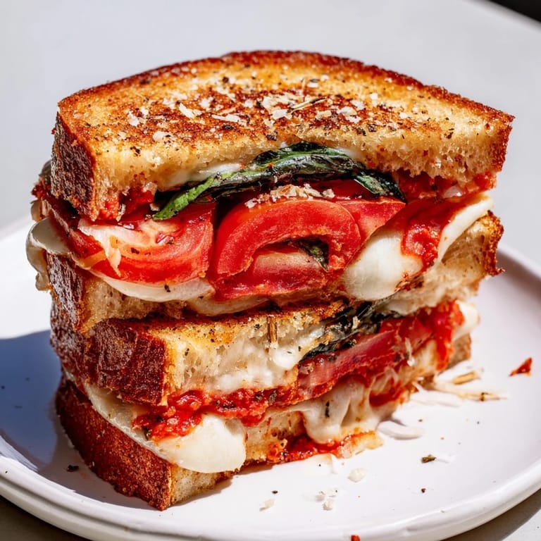 Gooey mozzarella melts with tomatoes in this Air Fryer Pizza Margherita Grilled Cheese, delicious!
