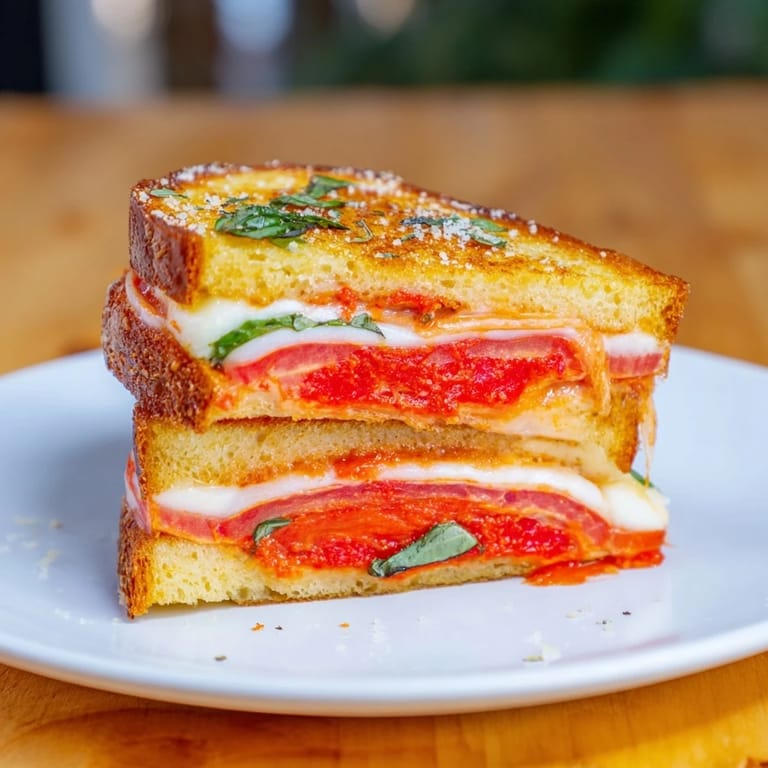 Crispy sourdough encases a warm, flavorful Air Fryer Pizza Margherita Grilled Cheese with fresh basil.
