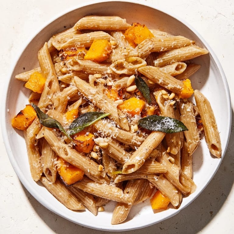 Warm, inviting photo of the delicious butternut squash and sage brown butter pasta, close up.