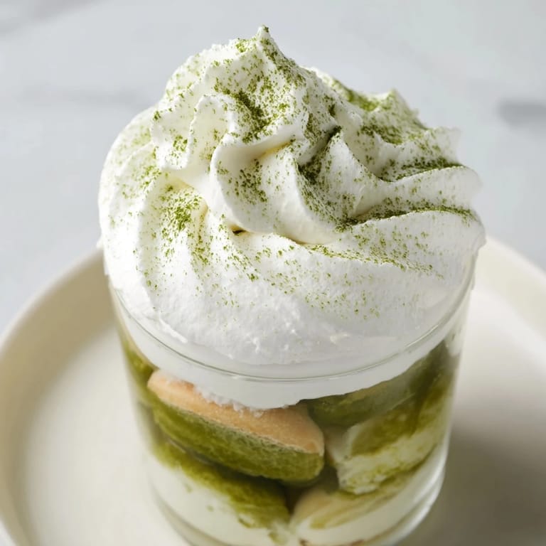 These Matcha Mascarpone Tiramisu Snow Cups feature delicious layers of matcha-soaked ladyfingers and creamy mascarpone.