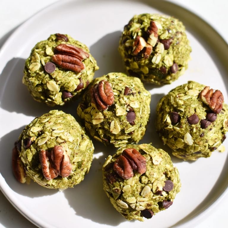 Freshly made Matcha Gingerbread Cookie Dough Protein Bites, with visible flecks of spice and texture, are ready to eat.