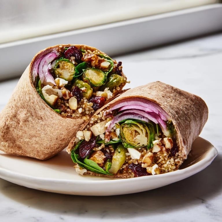 Textured image of a loaded Roasted Brussels Sprouts & Cranberry Grain Wrap, a flavorful vegetarian lunch.