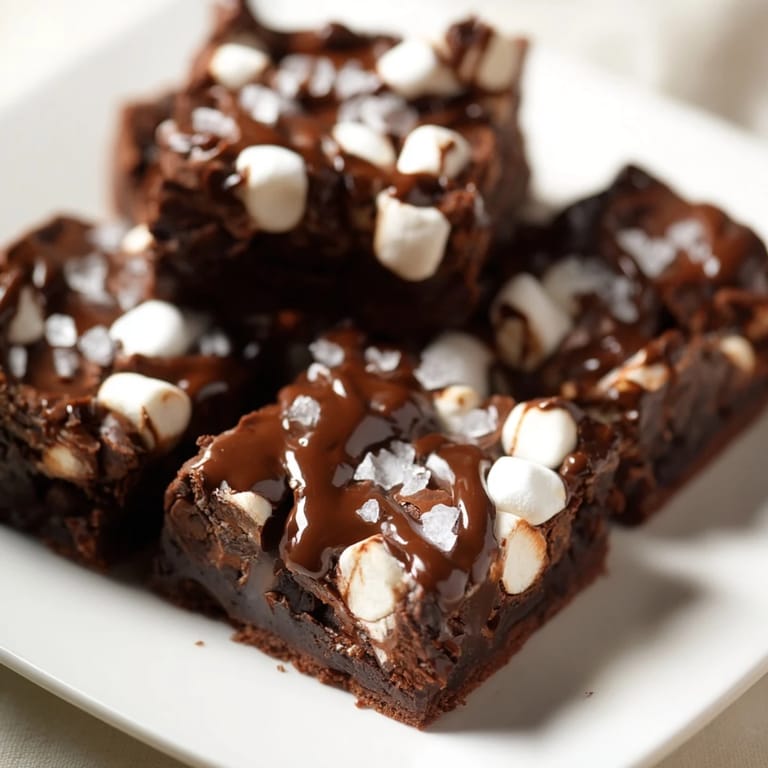 Warm, gooey easy marshmallow fudge studded with soft marshmallows, ready to be sliced.