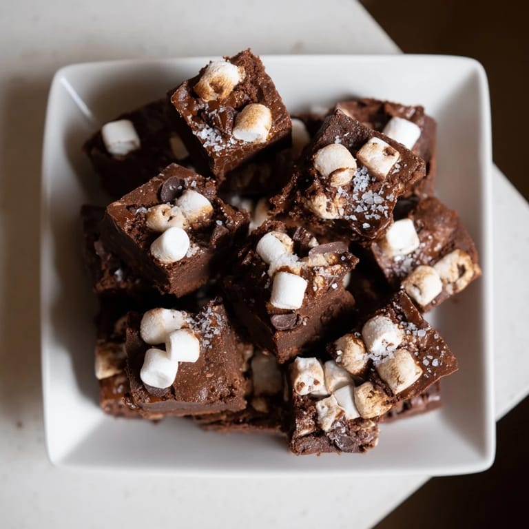 Close-up of decadent easy marshmallow fudge: a quick dessert with delicious, melt-in-your-mouth texture.