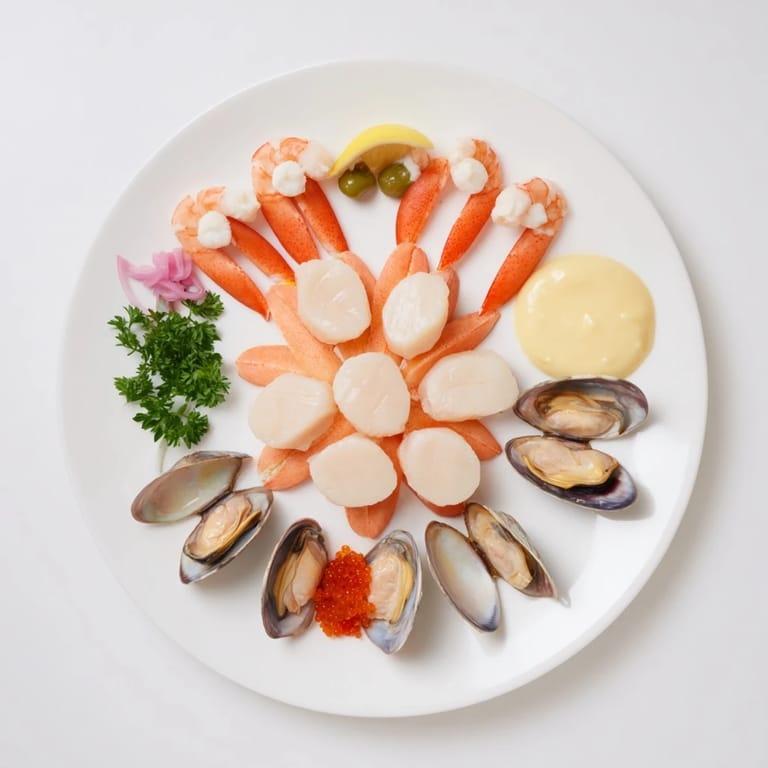 A beautifully arranged Starfish & Shell Appetizer Board with shrimp, scallops, and glistening seafood components.
