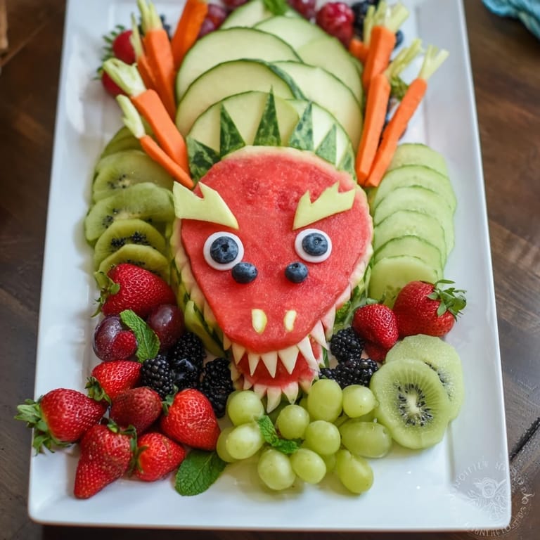 Fresh and delicious Dragon-shaped fruit tray arrangement, a healthy and beautiful display ready for any celebration.