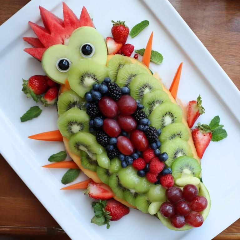 A healthy and whimsical Dragon-shaped fruit tray, showcasing slices of melon and grapes, ready to serve and enjoy.