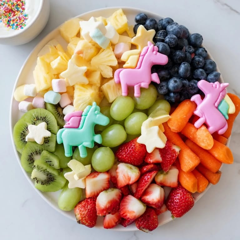 A visually stunning Unicorn Party Platter, overflowing with berries, veggies, and whimsical snacks, ready to enjoy.