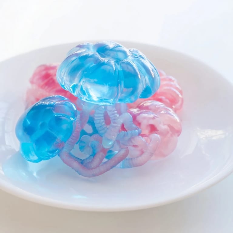 Homemade Jellyfish Candy Platter arrangement with gummy "jellyfish" and candy "seaweed" and coral.