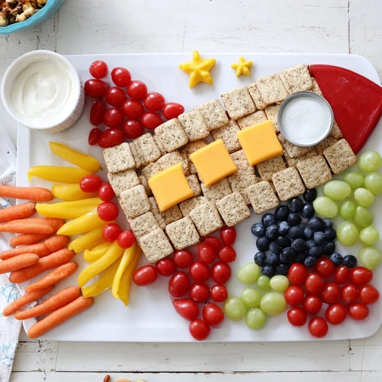 A whimsical Blast Off Spaceship Snack Board features a fun rocket ship design filled with healthy, colorful snacks.