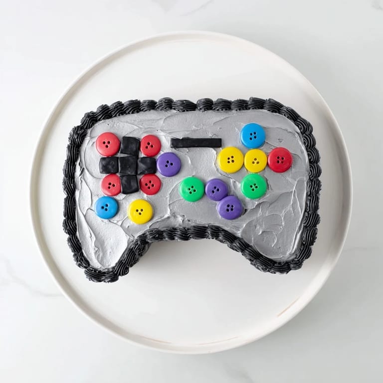 Detailed view of the Pixel Perfect Video Game Controller Board, decorated with colorful candies and frosting.