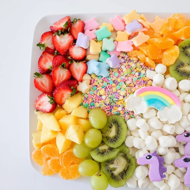 This Magical Unicorn Rainbow Dessert Board presents a beautiful spread with fresh fruit arranged among fun, colorful treats.