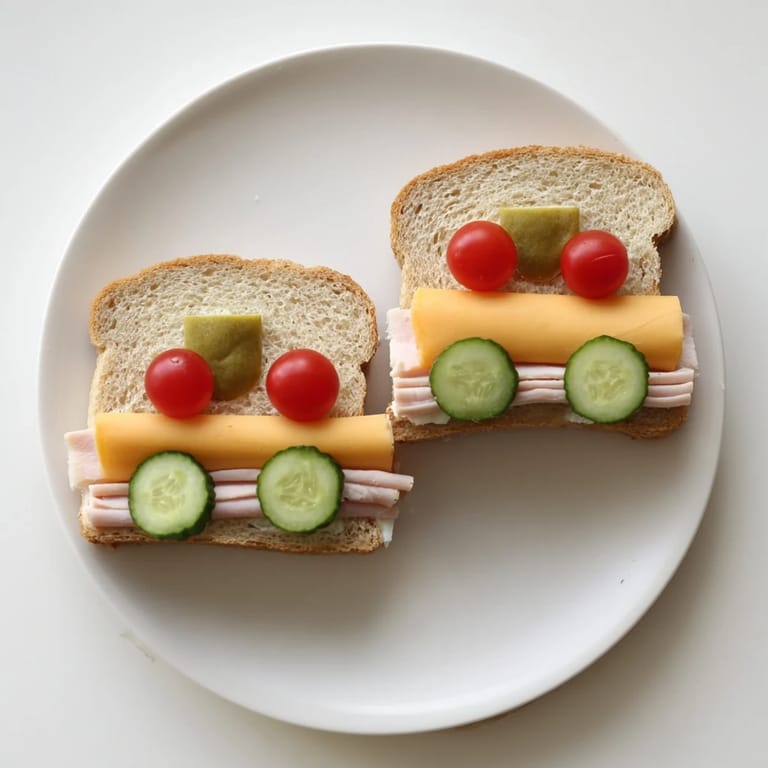 Creative car-shaped lunch ready to eat, featuring decorated sandwiches and carrot sticks for a treat.