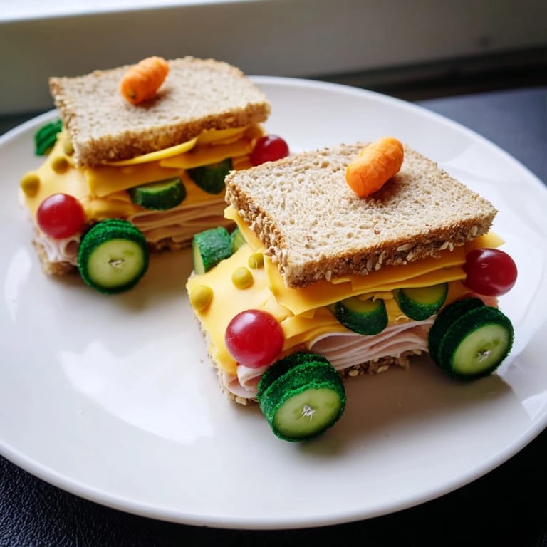 Vibrant car-shaped lunch: whole wheat sandwiches filled alongside colorful grapes and pretzel sticks.