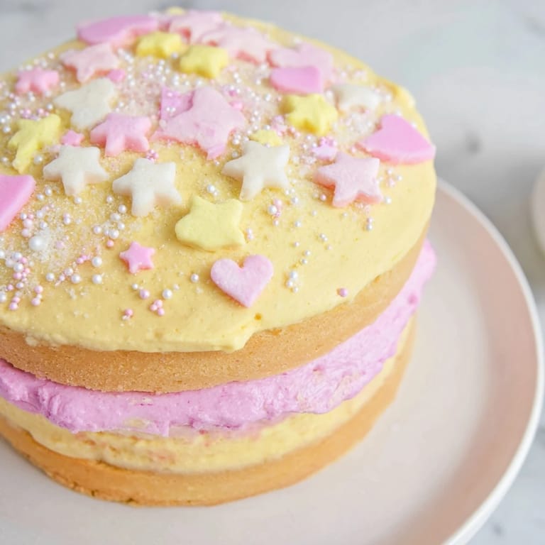 Layers of delicious cake frosted with buttercream, adorned with hearts in this Château de Princesse Cœurs et Étoiles confection.