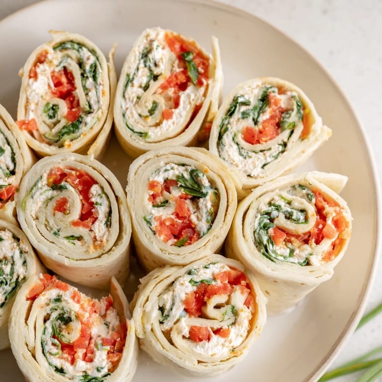 A platter of vibrant Christmas Scarf Tortilla Roll-Ups, featuring visible red pepper and spinach filling.