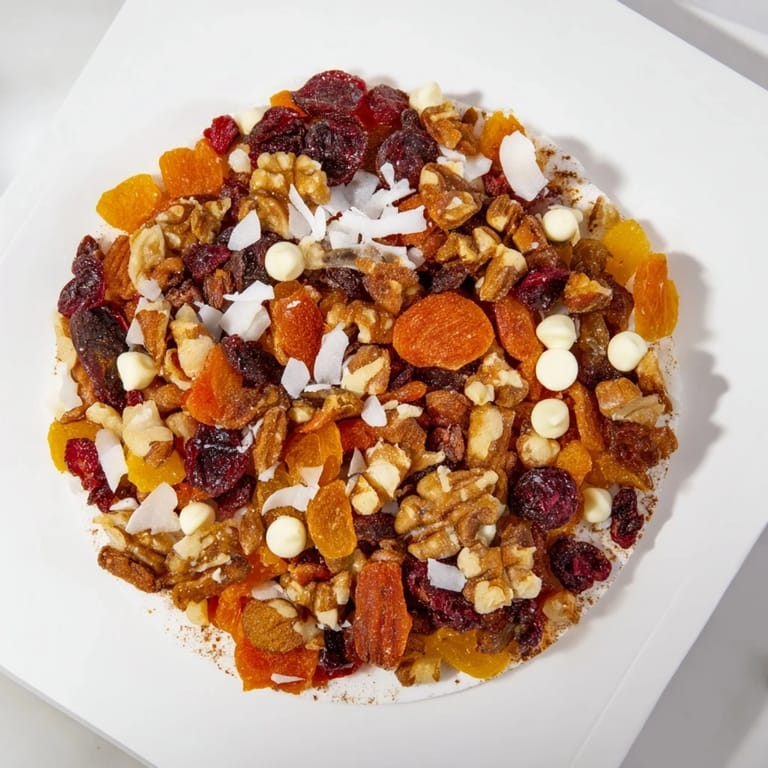 Close-up of the mélange hivernal flocon de neige, showing the mix of colorful dried fruits and crunchy nuts.