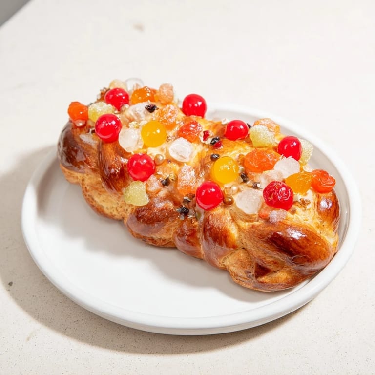 This baked Couronne de Roi Bijoux Sucrés presents a jeweled crown, a feast for the eyes and tastebuds.