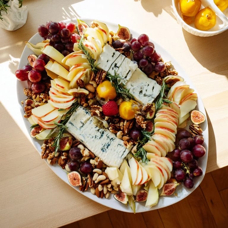 Visually stunning Rugby Ball Cheese Board with a creamy Brie, fresh fruit, and walnuts ready.