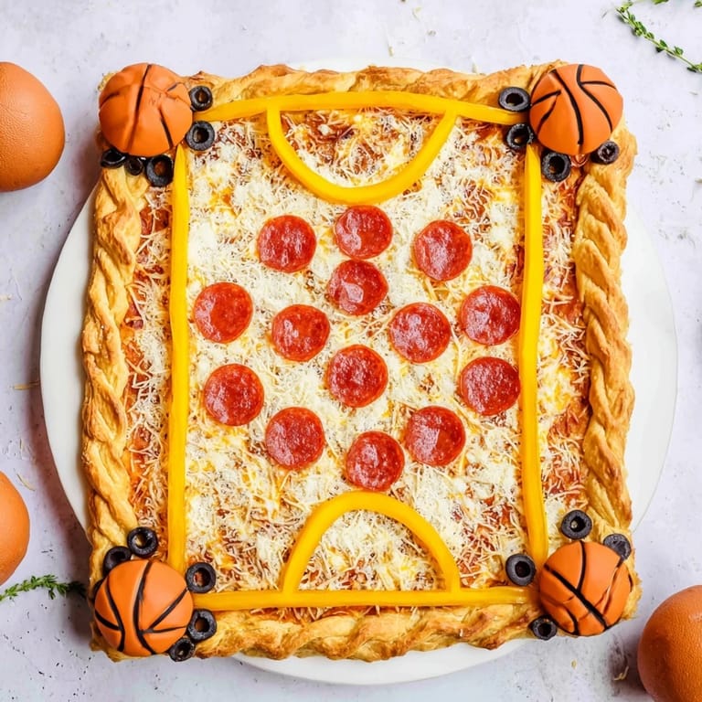 Delicious melted cheese covers this Basketball Court Pizza, with colorful pepper and olive details.