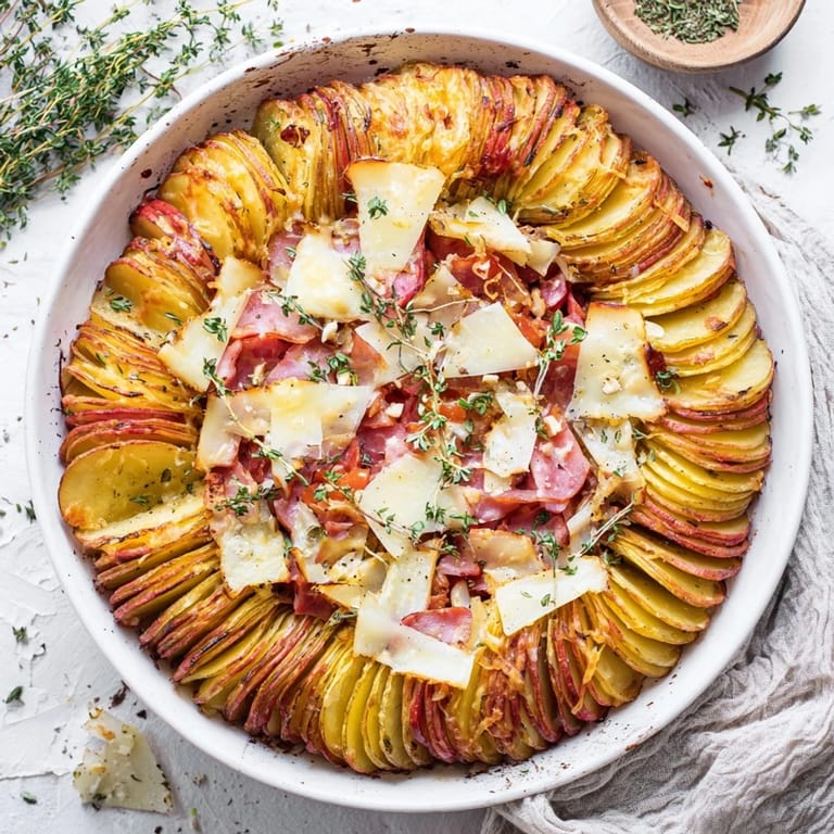 Golden-brown Plateau Moufle Chaud et Confortable, a baked potato and ham dish, ready to serve with fresh parsley.