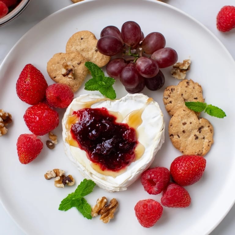 A romantic Sweetheart Brie and Jam Board appetizer, overflowing with flavors, perfect for sharing.