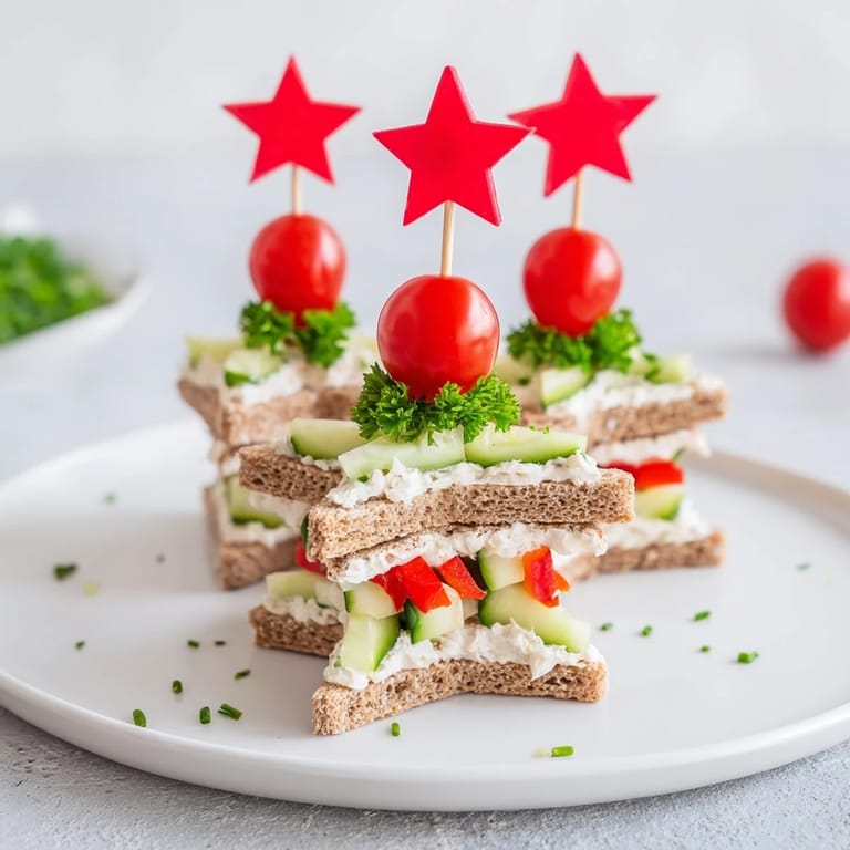 A delicious bite of a Stacked Star Christmas Tree Sandwich, featuring bread and colorful toppings, perfect for kids.