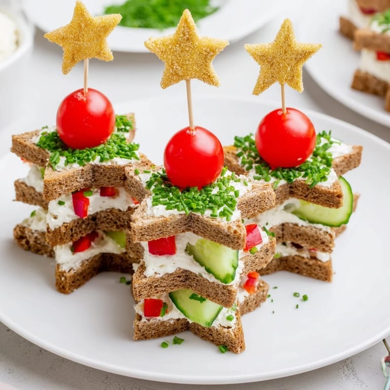 Beautifully plated Stacked Star Christmas Tree Sandwiches, layered with cream cheese and veggies for a tasty vegetarian snack.