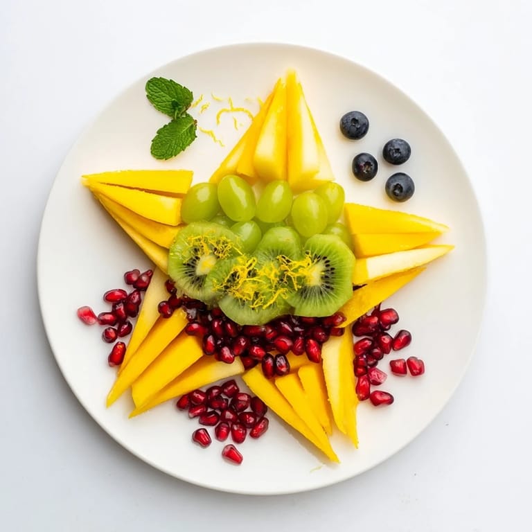 This visually appealing pomegranate and mint star fruit platter features juicy, healthy fruit, ready to serve.
