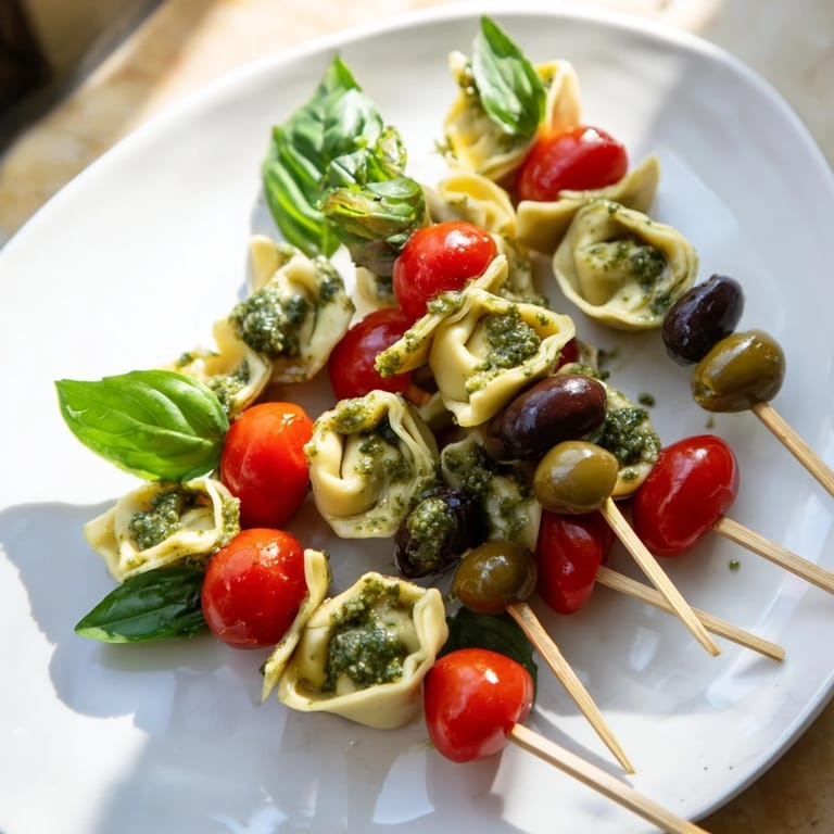 These vibrant Appetizer Skewers, a medley of tortellini, pesto, and olives, are simple to assemble and delicious.