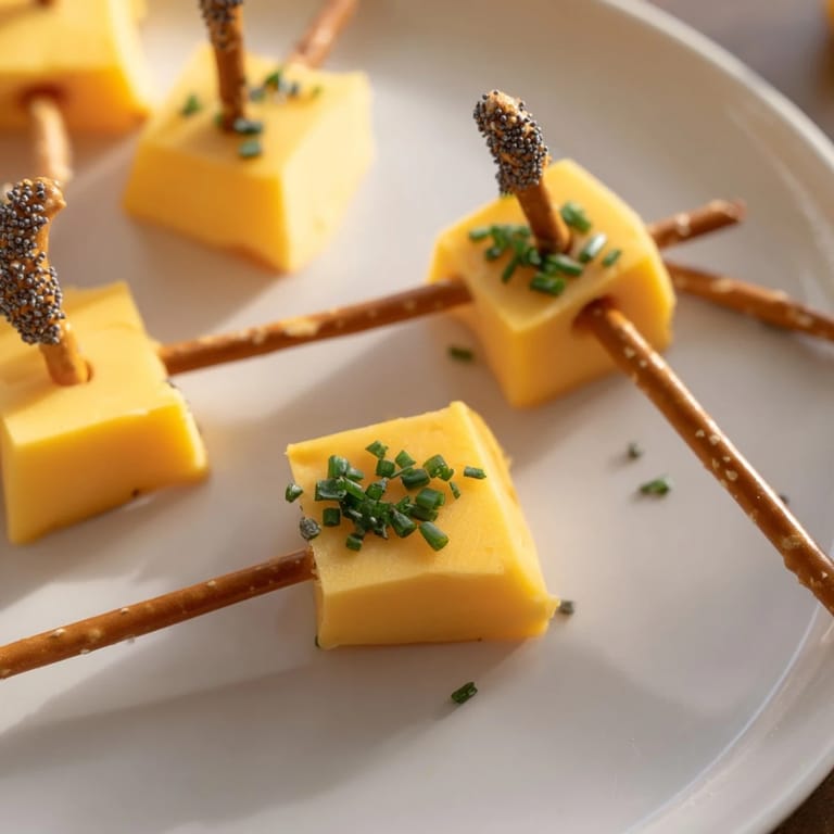 Crispy pretzel sticks hold sharp cheddar cheese cubes, making for delightful NYE Cheese Sparklers.