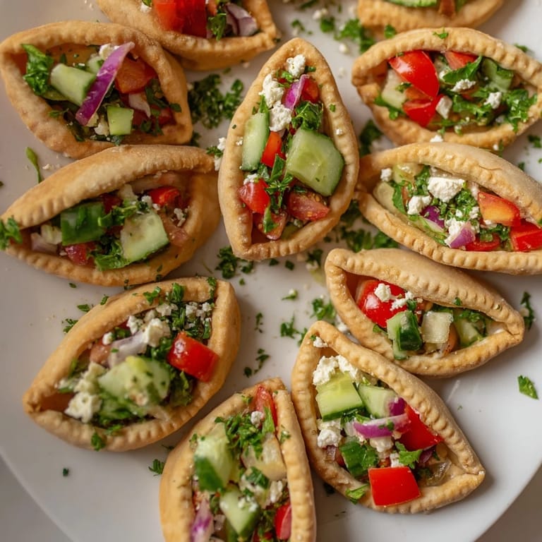 A colorful and delicious shot displays fresh vegetables overflowing from mini pita pockets with hummus.