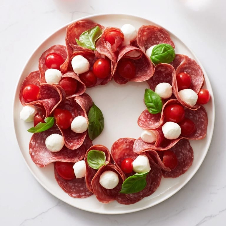 A close-up of a festive folded salami wreath appetizer, ready to serve with crackers.