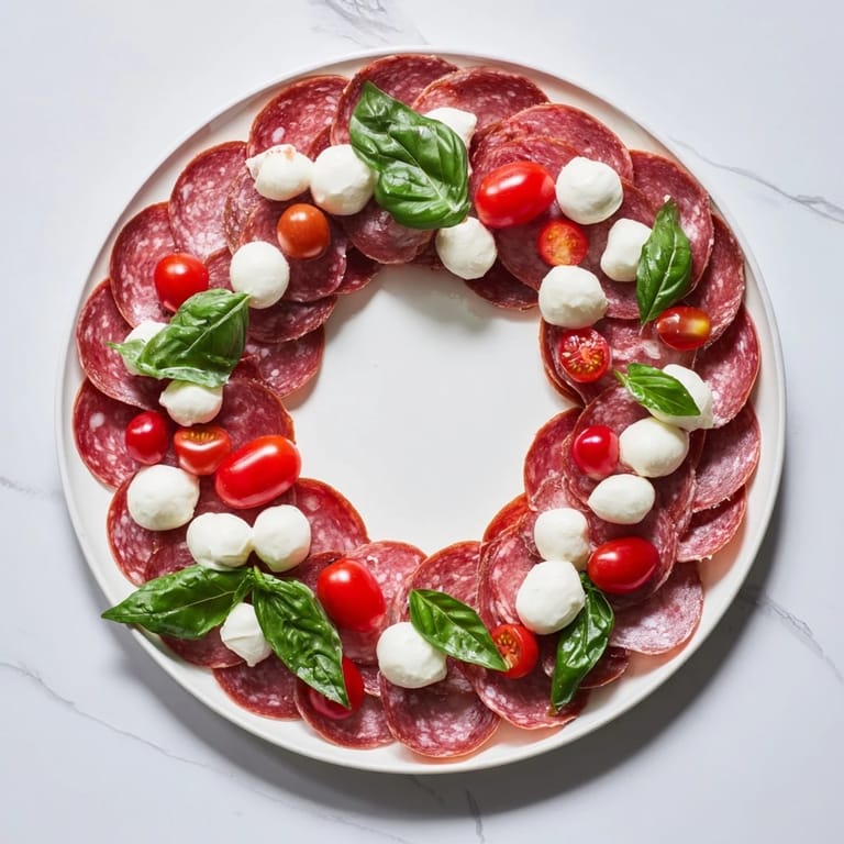 Savory folded salami wreath, adorned with mozzarella balls, perfect for your next party.