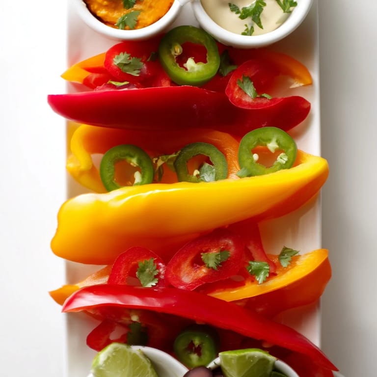 A close-up of a festive Spicy Chili Pepper Fiesta features vibrant bell peppers and delicious dips.