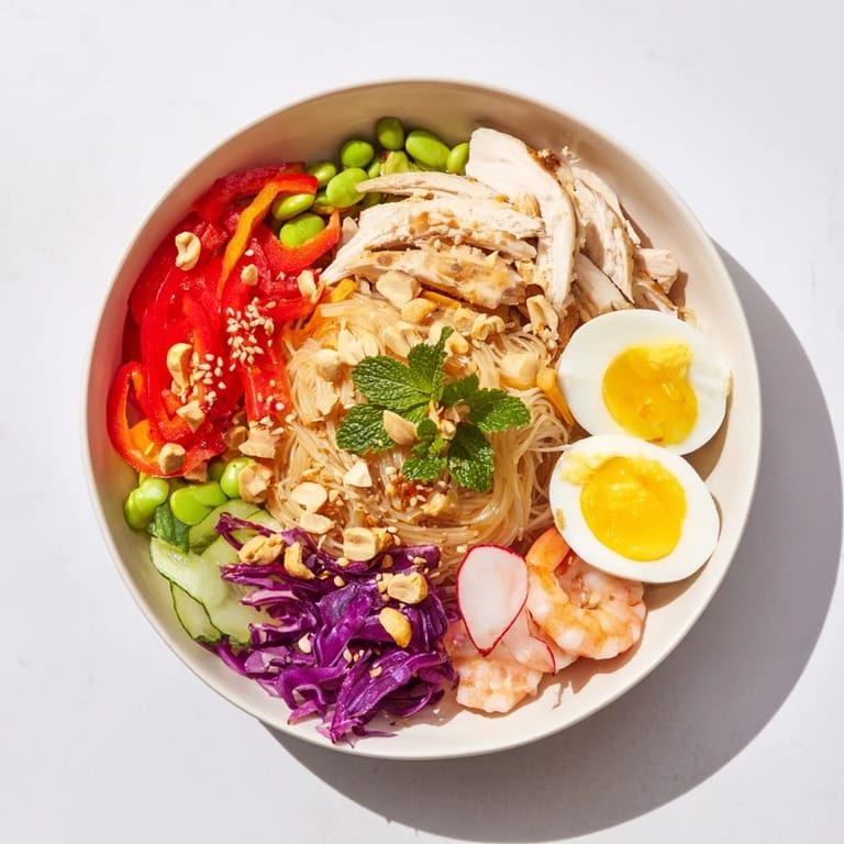 This Asian Fusion Noodle Bowl Board showcases artfully arranged noodles with flavorful dipping sauces and fresh garnishes.